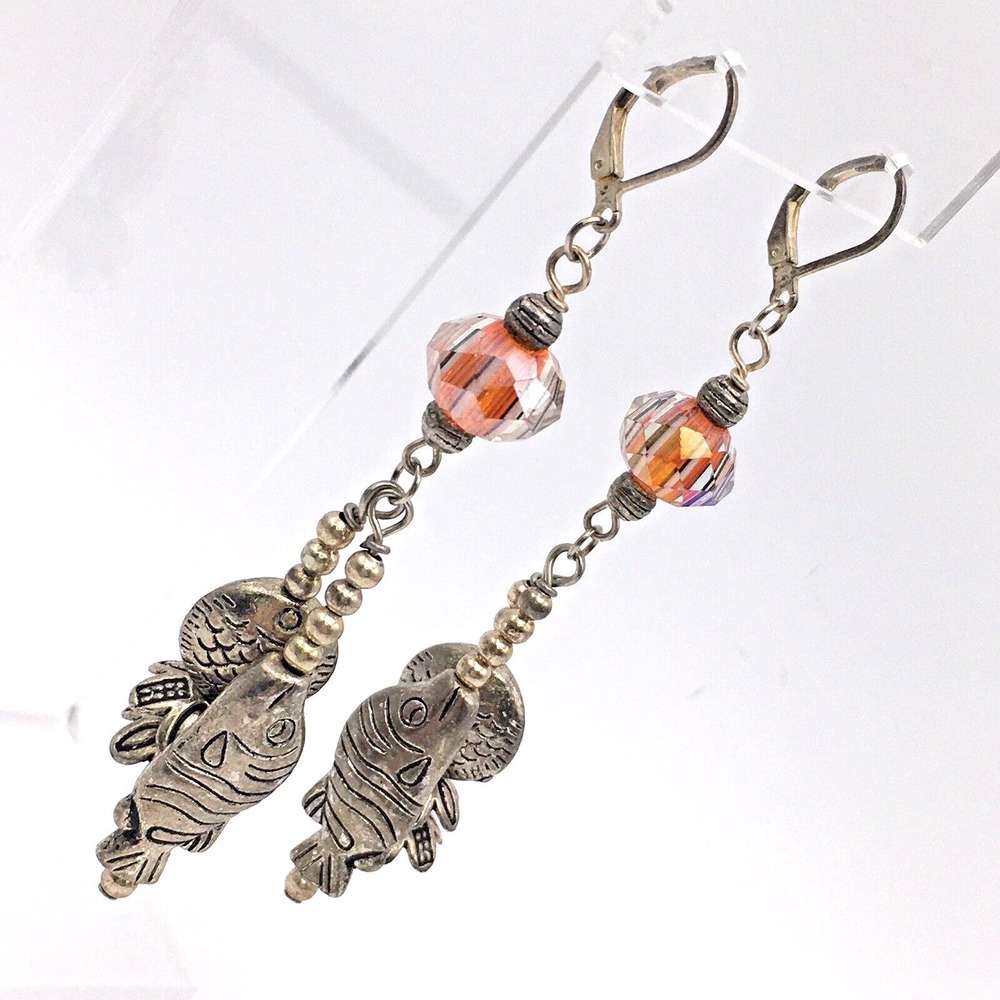 Liza Lynn Handcrafted Faceted Cane Glass and Silver Tone Fish Dangle Earrings